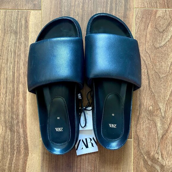 Zara Genuine Black Leather Padded Flat Sandals - Picture 1 of 5